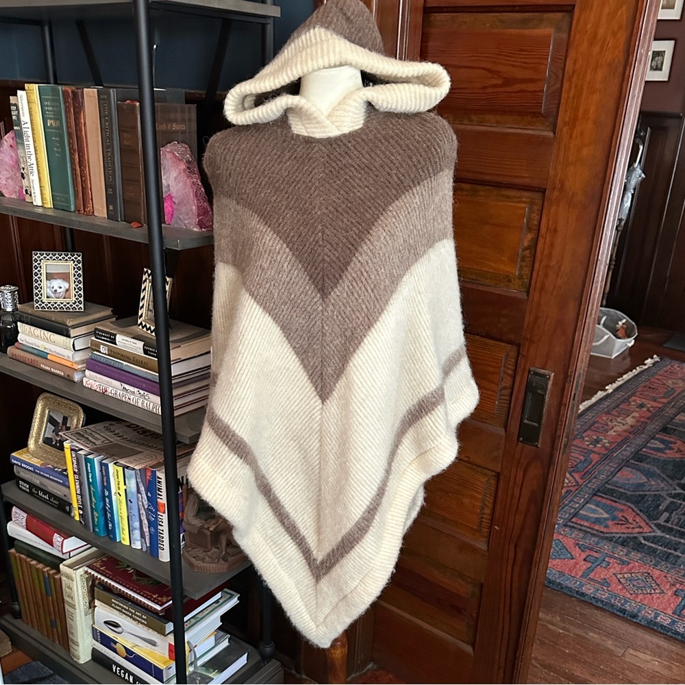Hooded Knit Poncho in Cream and Taupe